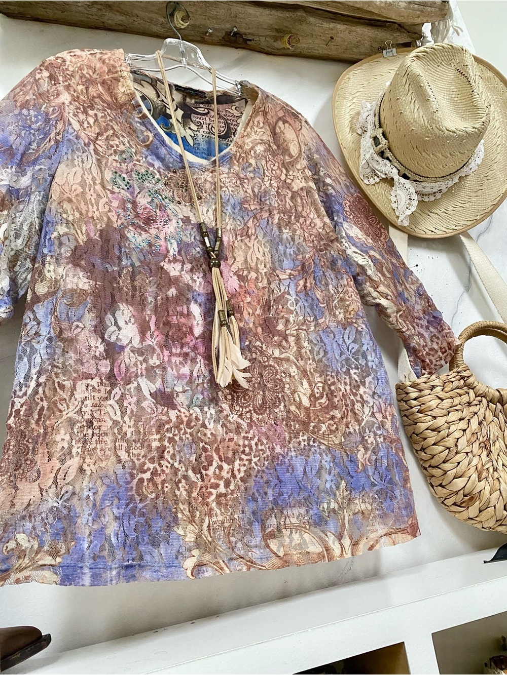 Enchanting lace boho watercolour blouse w shabby chic Gypsy rustic vibe